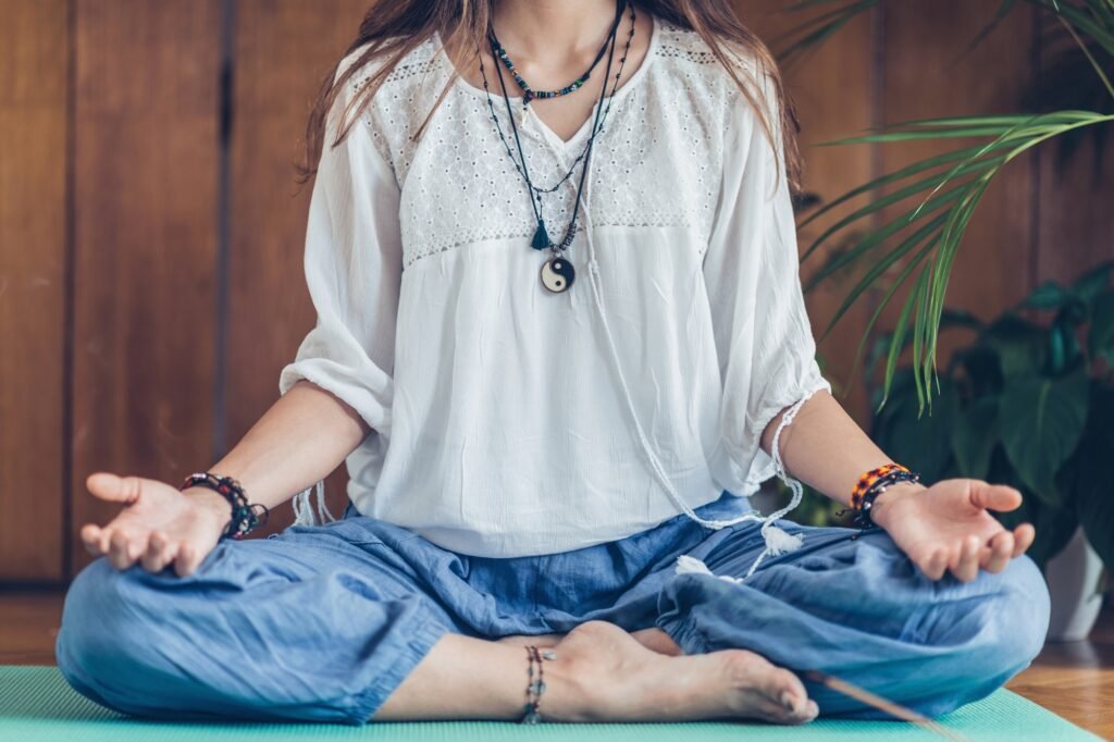 Meditation. Woman Meditate at Home.